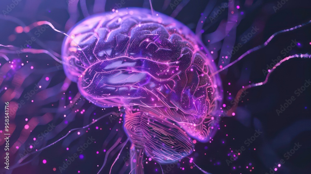 A glowing purple brain with lines and dots, set against a dark background. A glowing purple brain with lines and dots, set against a dark background.
