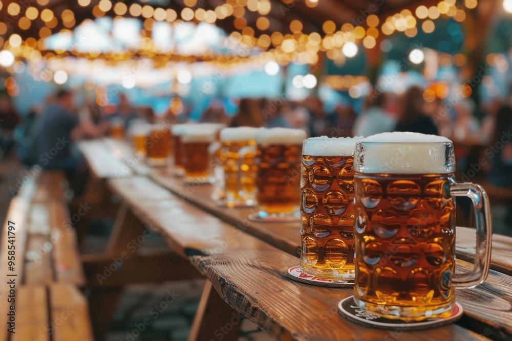 Oktoberfest beer mugs on a wooden table, warm lights in the background Oktoberfest beer mugs on a wooden table, warm lights in the background