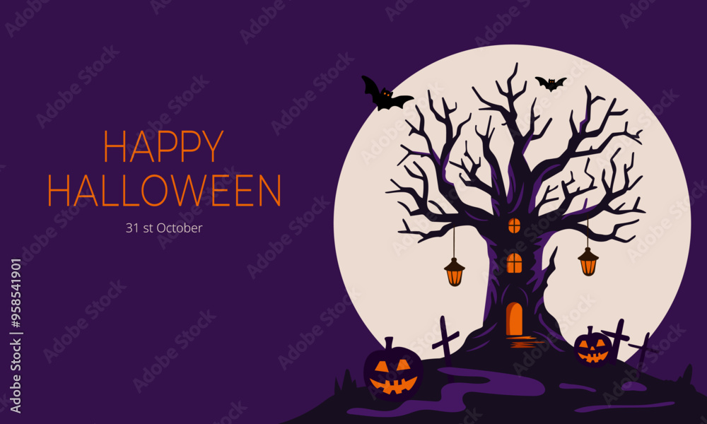 Halloween background design, spooky tree, pumpkins and crosses on the night of All Saints' Eve, October 31, silhouette drawing in vector Halloween Invitation Vector Halloween background design, spooky tree, pumpkins and crosses on the night of All Saints' Eve, October 31, silhouette drawing in vector Halloween Invitation Vector