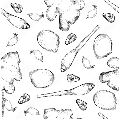 Ink seamless pattern with ginger, lemongrass and garlic. Hand drawn graphics, background with vegan products, relish for soup, rice. Asian cuisine component. For kitchen, menu design.
