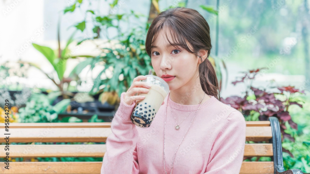 Korean Woman sipping bubble tea seated on a wooden bench in a lush garden. Casual clothing and natural light. Concept of relaxation and refreshment. Korean Woman sipping bubble tea seated on a wooden bench in a lush garden. Casual clothing and natural light. Concept of relaxation and refreshment.