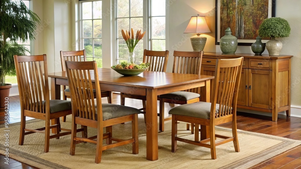 The mission-style dining set features long, sturdy legs and warm, golden-brown tones, combining to create a striking The mission-style dining set features long, sturdy legs and warm, golden-brown tones, combining to create a striking