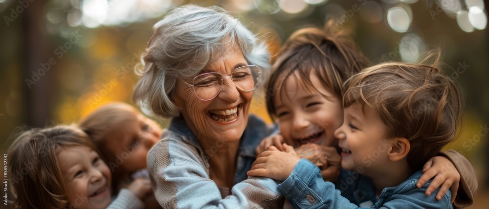 An elderly woman shares a heartwarming moment with diverse children in a park, creating joy and strong family bonds through smiles and hugs. An elderly woman shares a heartwarming moment with diverse children in a park, creating joy and strong family bonds through smiles and hugs.