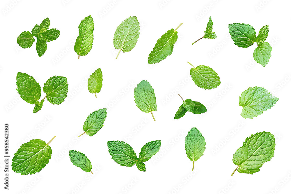 Set of mint leaves isolated on PNG background Set of mint leaves isolated on PNG background