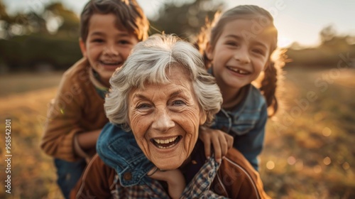 Elderly woman in brown sweater with grandkids in striped and yellow shirts, smiling joyfully in sunny park field; showing happy, close bond.