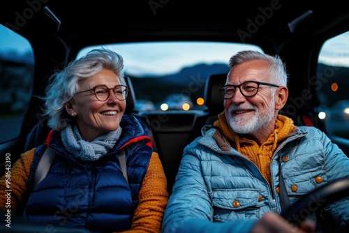 An older couple dressed in winter jackets and glasses, sitting in a car, smiling warmly at each other during a night ride, enjoying their time together.