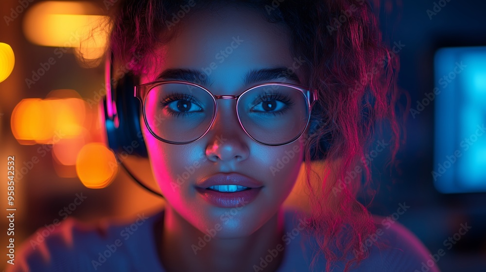 A young woman with glasses using a headset, engaged in online gaming at night in a vibrant, illuminated room A young woman with glasses using a headset, engaged in online gaming at night in a vibrant, illuminated room