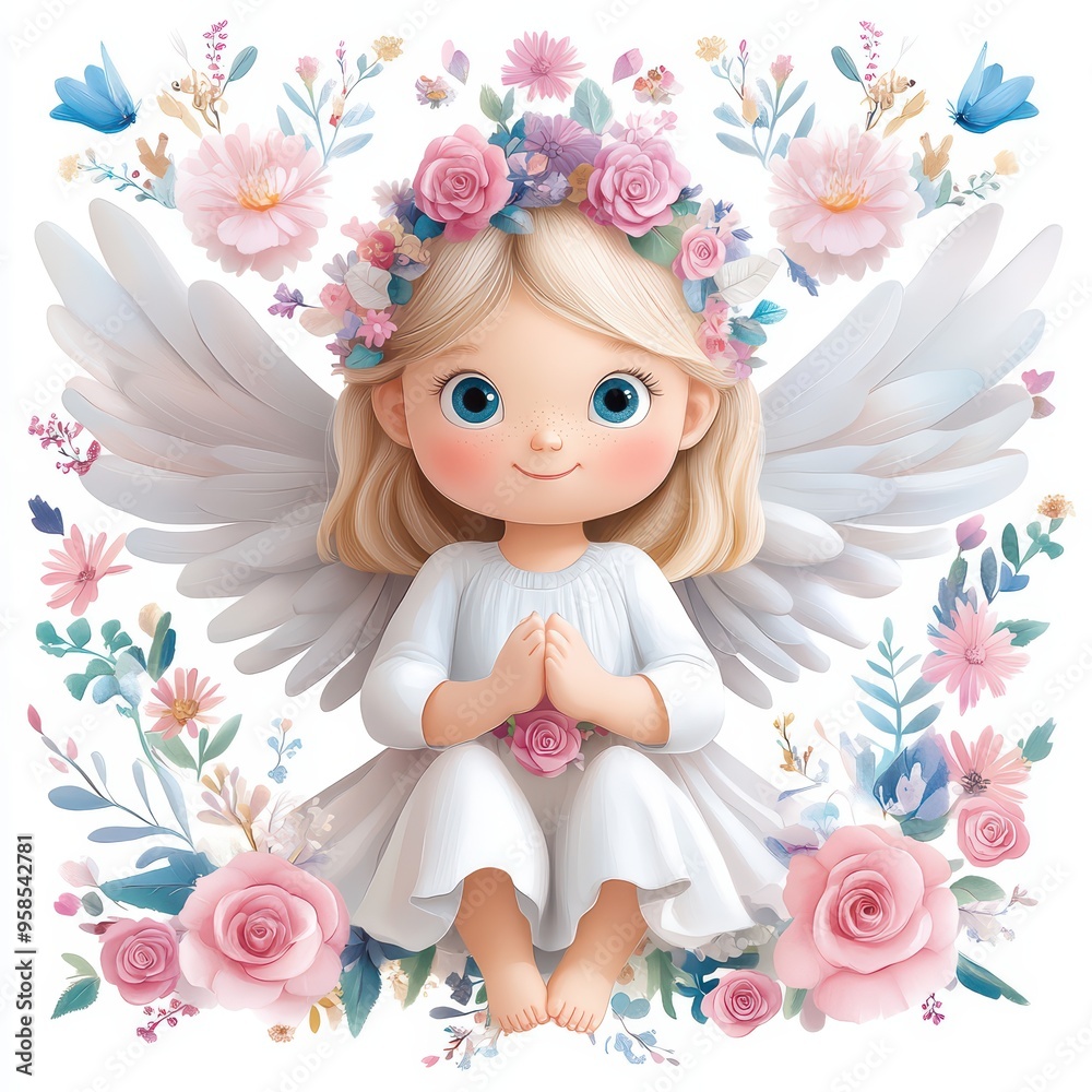 A charming angelic figure with wings, adorned with flowers, radiates sweetness and grace in a whimsical floral backdrop. A charming angelic figure with wings, adorned with flowers, radiates sweetness and grace in a whimsical floral backdrop.