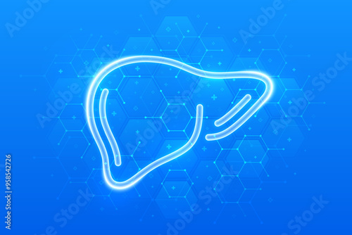 Liver icon. Human liver care and protection. Cirrhosis and hepatitis treatment, donation, diagnostics medical banner. Molecular structure. Blue medical background with hexagons. Vector illustration.