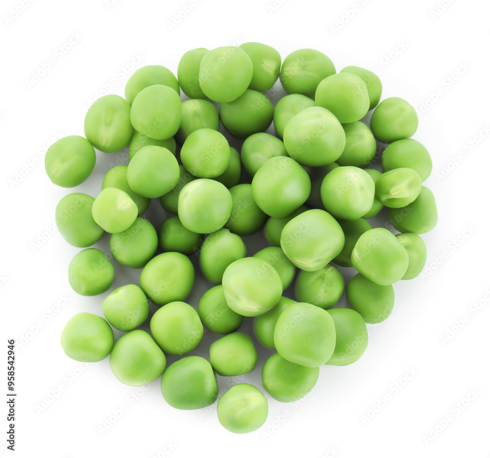 Pile of fresh green peas isolated on white, top view