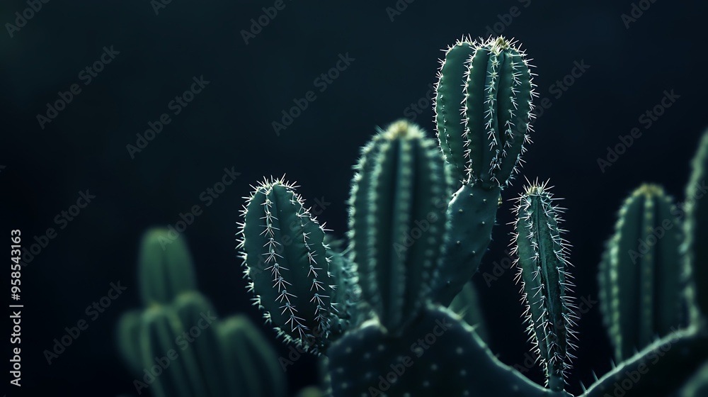 Desert Elegance: Close-Up of Cactus Texture with Soft Side Lighting on Dark Background in Dramatic Focus Desert Elegance: Close-Up of Cactus Texture with Soft Side Lighting on Dark Background in Dramatic Focus