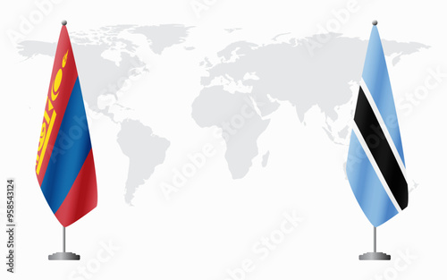 Mongolia and Botswana flags for official meeting against background of world map.