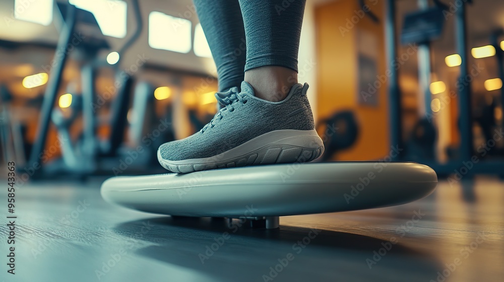 Fototapeta premium A close-up of a persons feet on a balance board in the gym, with other exercise equipment nearby.
