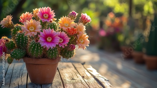 Vibrant Cacti Blooming in Morning Light on Wooden Patio in Outdoor Garden Setting