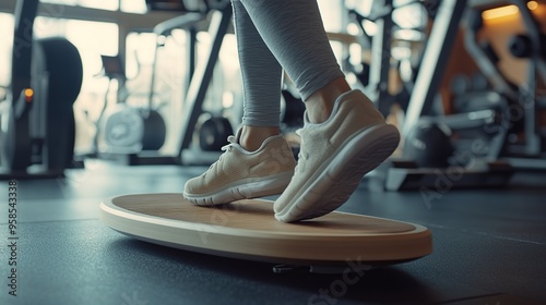 A close-up of a persons feet on a balance board in the gym, with other exercise equipment nearby.