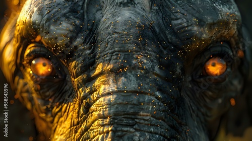 Close up portrait of majestic African elephant with glowing amber eyes in dramatic golden light, highlighting textured skin and powerful presence for wildlife and nature projects. photo