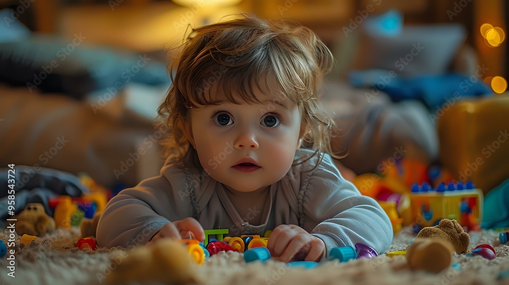 A heartwarming portrait of a baby with bright blue eyes and curly hair, lying on a soft rug surrounded by toys. Perfect for family, childhood, and lifestyle projects. A heartwarming portrait of a baby with bright blue eyes and curly hair, lying on a soft rug surrounded by toys. Perfect for family, childhood, and lifestyle projects.