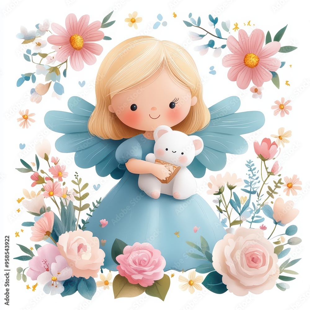 A charming illustration of a cute angel holding a teddy bear, surrounded by colorful flowers and a serene atmosphere. A charming illustration of a cute angel holding a teddy bear, surrounded by colorful flowers and a serene atmosphere.