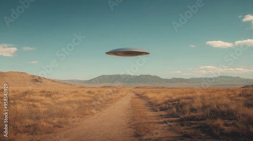 Mysterious UFO Hovering Over Desert Landscape with Mountains