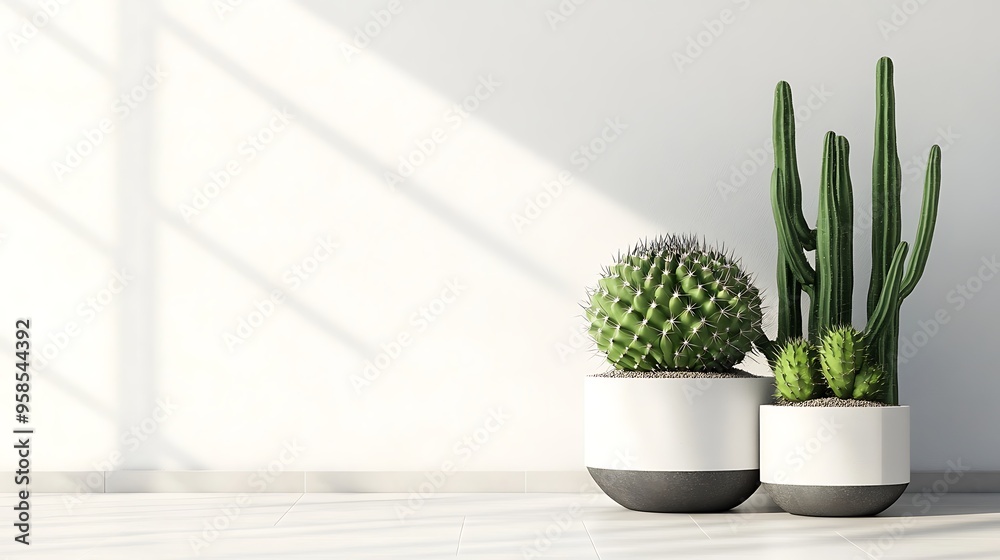Minimalist Interior with Cacti in Modern Planter - Clean & Fresh Atmosphere with Bright Indirect Light Minimalist Interior with Cacti in Modern Planter - Clean & Fresh Atmosphere with Bright Indirect Light