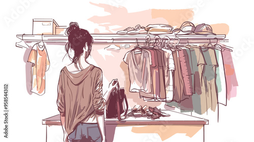 Young Girl Shopping for Clothes Hand-drawn Vector Illustration