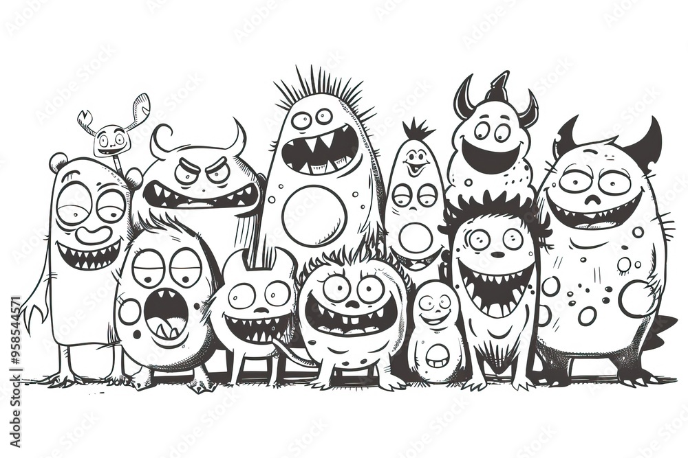 Obraz premium coloring Black and white cartoon illustration of a group of funny and quirky monsters