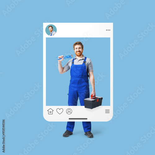 Smiling plumber inside a social media post photo