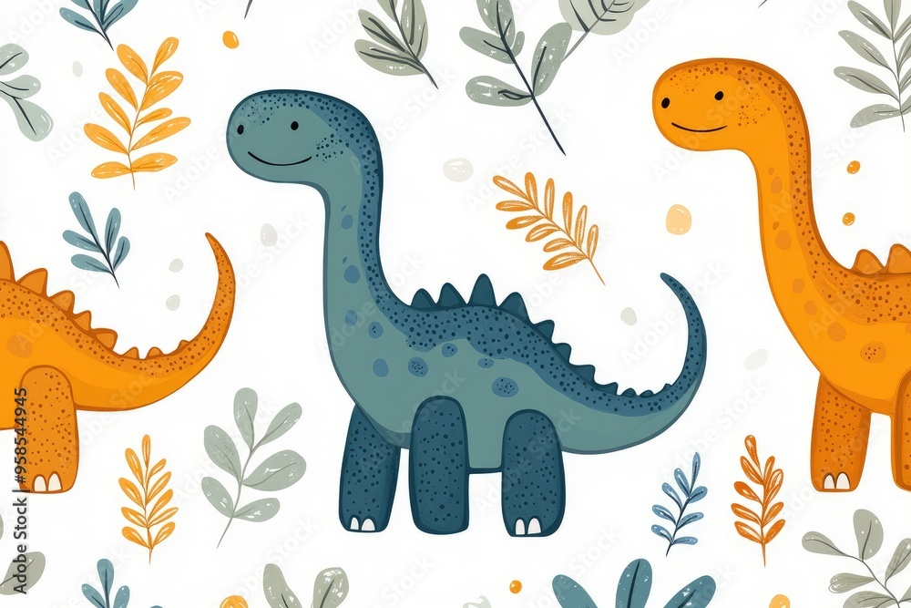 Cute smiling dinosaurs walking among tropical plants seamless pattern Cute smiling dinosaurs walking among tropical plants seamless pattern