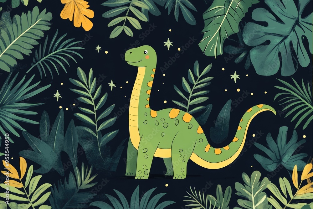 Fototapeta premium Cute green brachiosaurus dinosaur standing in tropical forest at night