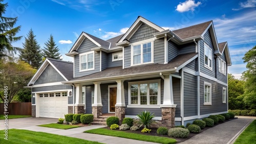 The renovated modern home sits proudly on its corner lot, its white trim and grey siding creating a