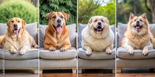 Adorable overweight canines with various coat lengths and colors lounge on couches, floors, and outdoors, showcasing photo