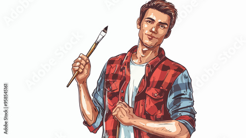 Young Handsome Man Painter with Brush in Hand
