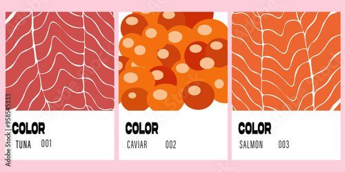 Modern colour palette of orange. Asia sushi color catalog. Tuna, caviar and salmon vector flat poster. Pantone orange food color
