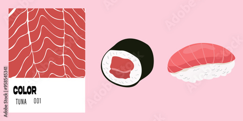Modern colour palette of orange. Asia sushi color catalog. Tuna, caviar and salmon vector flat poster. Pantone orange food color