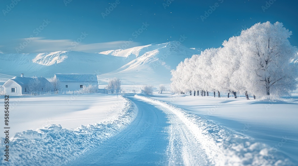 A winding road through a snowy landscape with a small village and mountains in the distance. A winding road through a snowy landscape with a small village and mountains in the distance.
