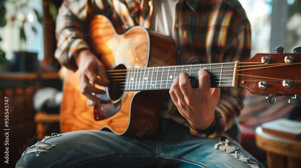 Fototapeta premium A person playing an acoustic guitar.