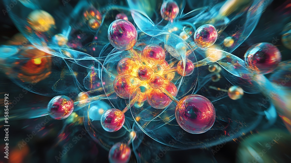 29. Stylized portrayal of a central mineral atom with vibrant, reactive ...