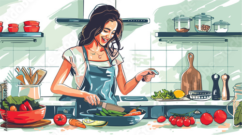 Young Happy Woman Cooking Fresh Meal at Home