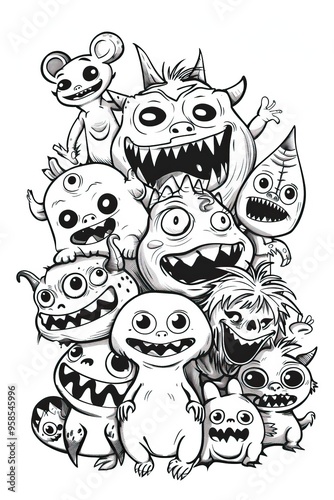 coloring Black and white cartoon illustration of a group of funny and quirky monsters