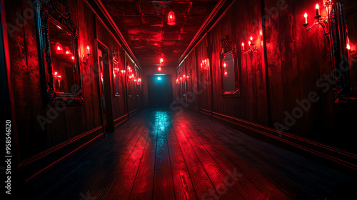 A mysterious hallway illuminated by eerie red lights, evoking a sense of suspense and intrigue in a dark environment.