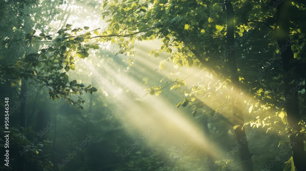 Soft sunbeams break through the dense foliage of a lush forest, creating a peaceful and serene atmosphere in the natural setting. Soft sunbeams break through the dense foliage of a lush forest, creating a peaceful and serene atmosphere in the natural setting.