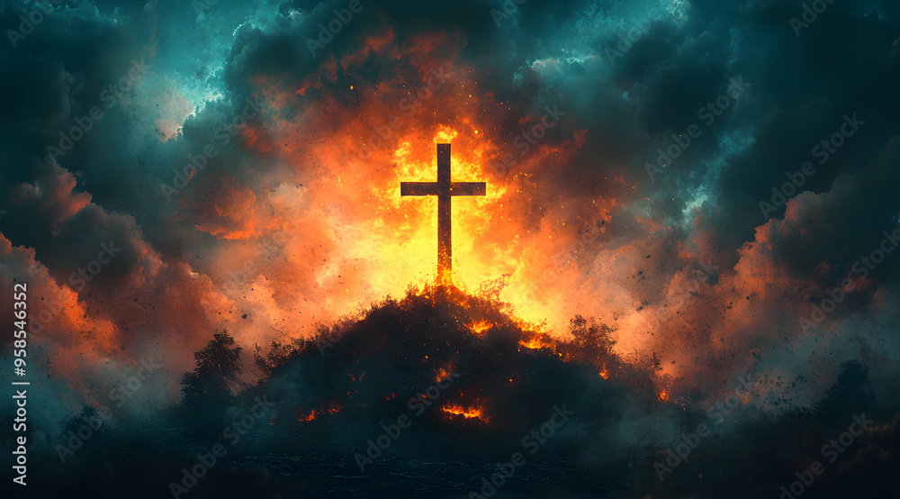 “Watercolor Illustration of the Cross on Cal Kedron Hill, Depicting a Sacred Scene with Subtle Colors and a Serene Atmosphere”
