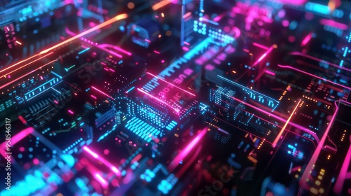 Abstract futuristic neon circuit board with glowing lines and dots.