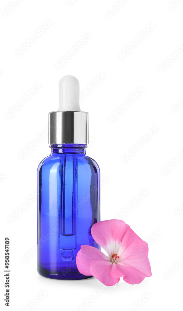 Geranium essential oil in bottle and beautiful flower isolated on white Geranium essential oil in bottle and beautiful flower isolated on white