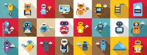 Robot waiter icons set. Restaurant robots serving food, holding trays and platters, taking orders and welcoming customers icon set in flat style