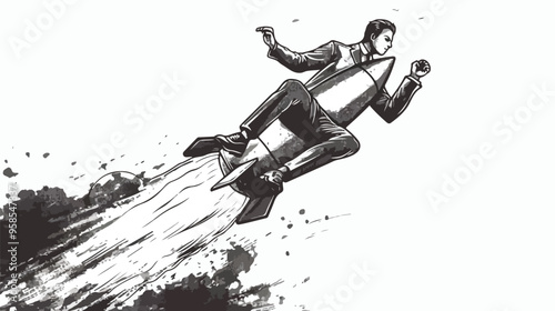 Young Businessman Flying in Sky on Drawn Rocket