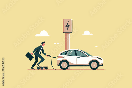 Illustration of a businessman using a wheelchair tying a rope to an electric car
