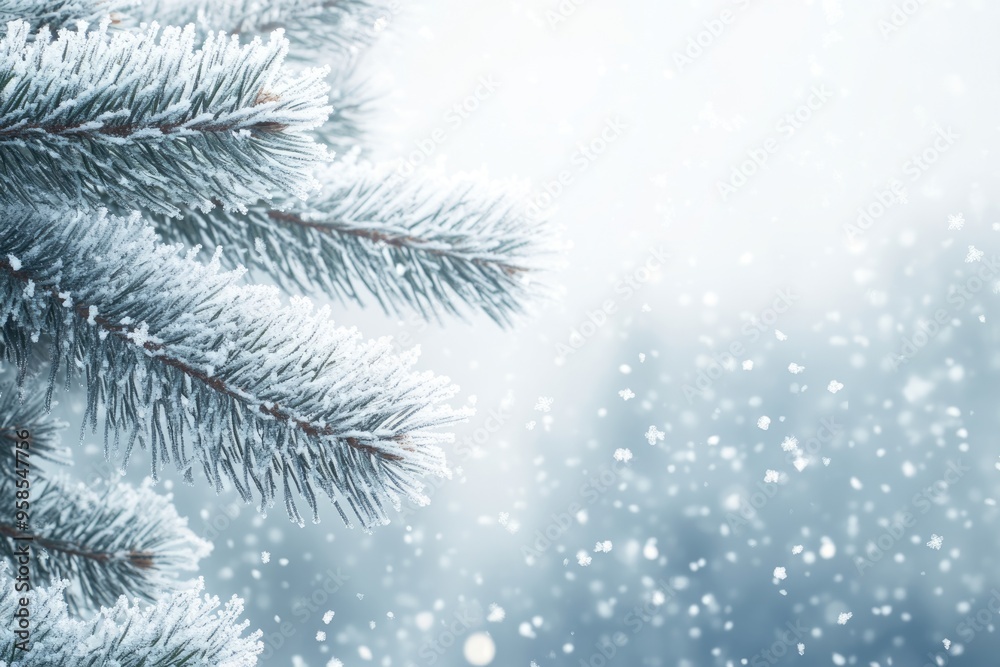 Winter background close up of frosted pine branch on a snowing day with copy space Winter background close up of frosted pine branch on a snowing day with copy space