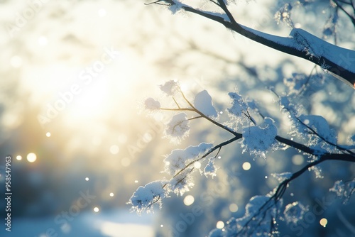 Winter scenery black tree branches and white snow shallow DOF