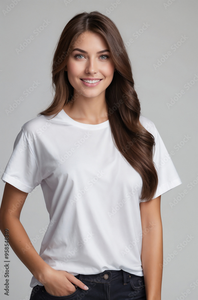 A beautiful girl wearing a white t-shirt on a white background A beautiful girl wearing a white t-shirt on a white background